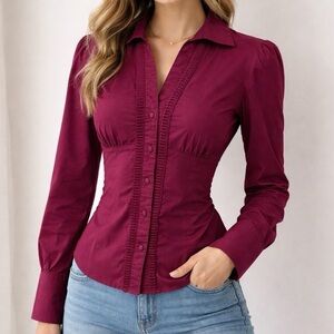 Simplement Moi -  Berry Pleated Button Blouse | Small | Smocked Waist